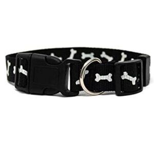 Dog Collar: Adjustable Bone-design Black Nylon, Medium